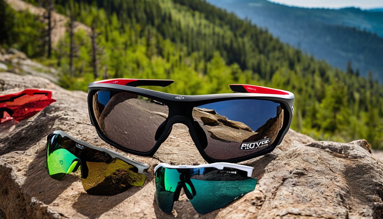 Photochromic mountain bike glasses on a rocky surface with a forested mountain backdrop, showcasing different lens styles.